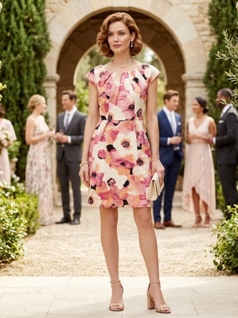 Pink Coral Watercolor Floral Fit & Flare Pleated Dress Modern Uniform Size 14